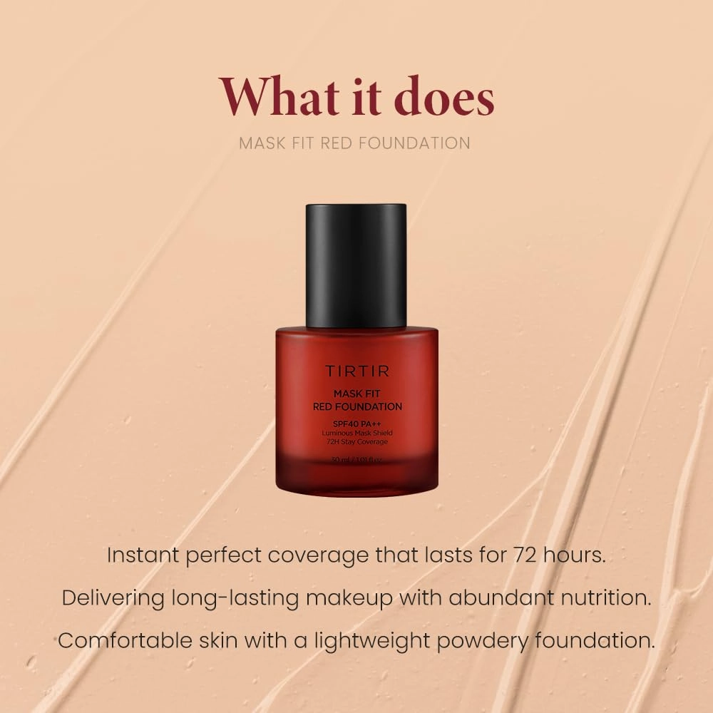 TIRTIR Mask Fit Red Foundation | High Coverage, Long-Lasting, Lightweight, Buildable Coverage, Radiant Semi-Matte Finish, All Skin Types, Korean Foundation, 17 Porcelain