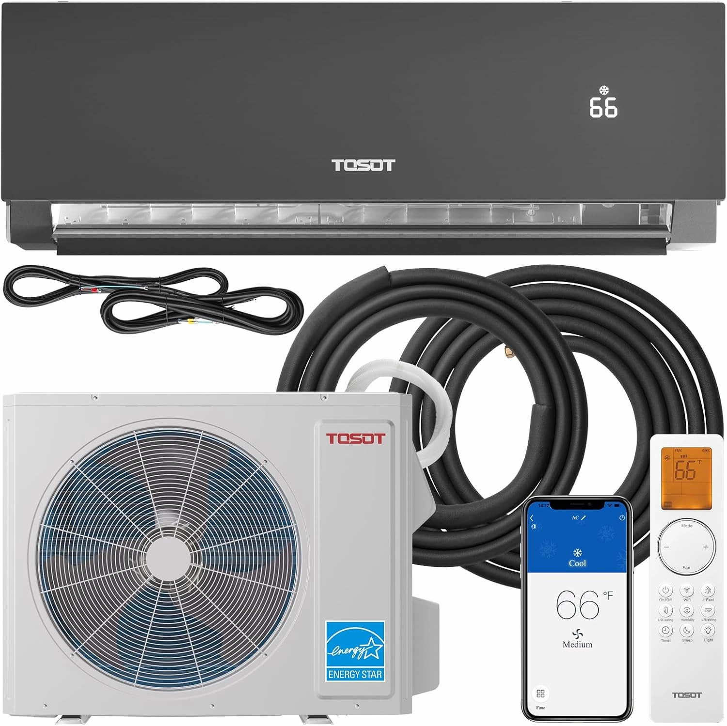 TOSOT 18,000 BTU 24.5 SEER2, ENERGY STAR Mini-Split Air Conditioner and Heating System, Wifi-Enabled Ductless Inverter AC Unit, Supports ERV System Add-On, 208-230V, Aoraki Series, Black