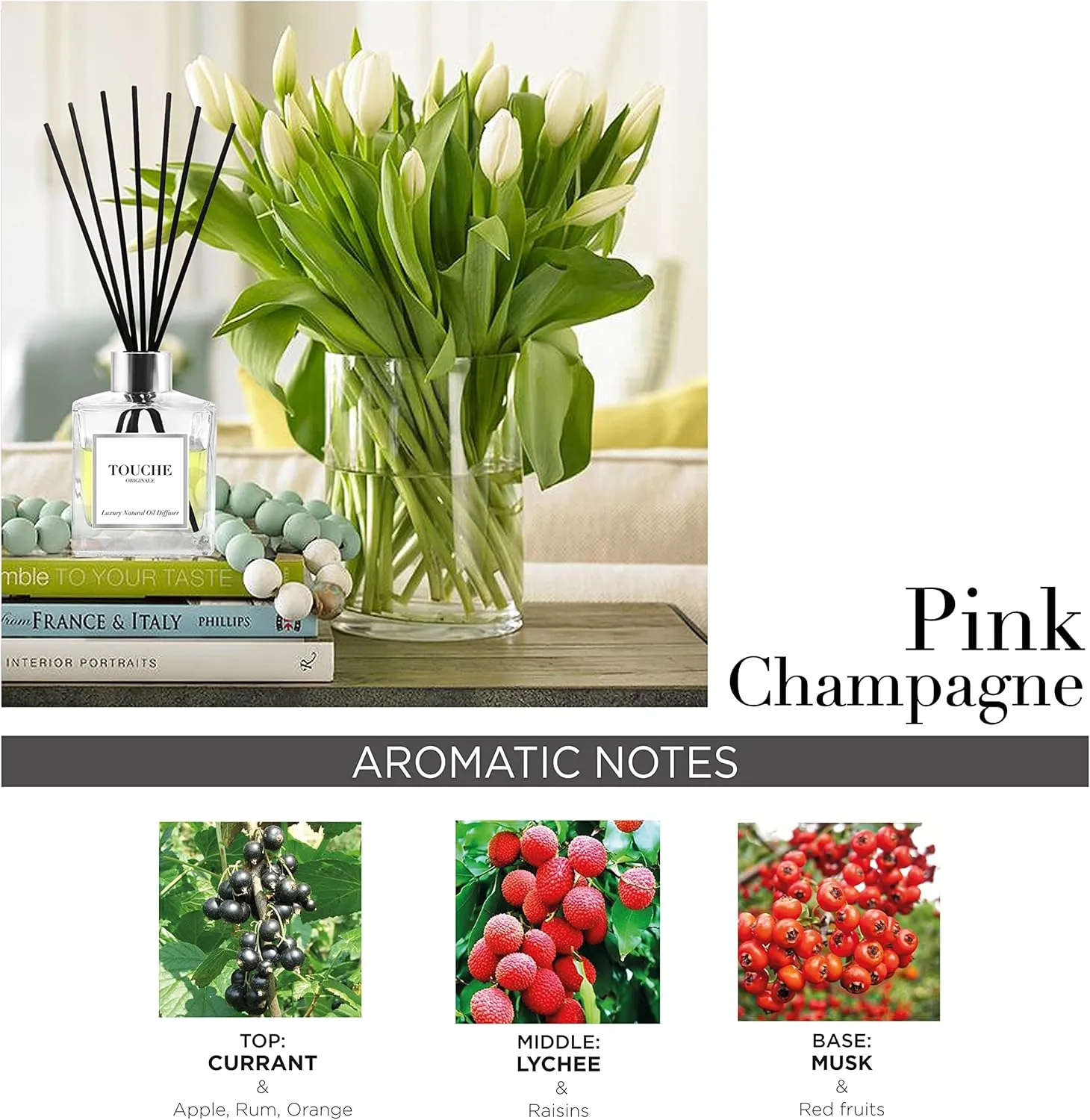 Touche Luxury Natural Reed Diffuser. Long Lasting Scented Home Fragrance. Natural Essential Oil Alcohol-Free. 4.75 OZ. Glass Bottle (Pink Champagne - Clear Bottle)
