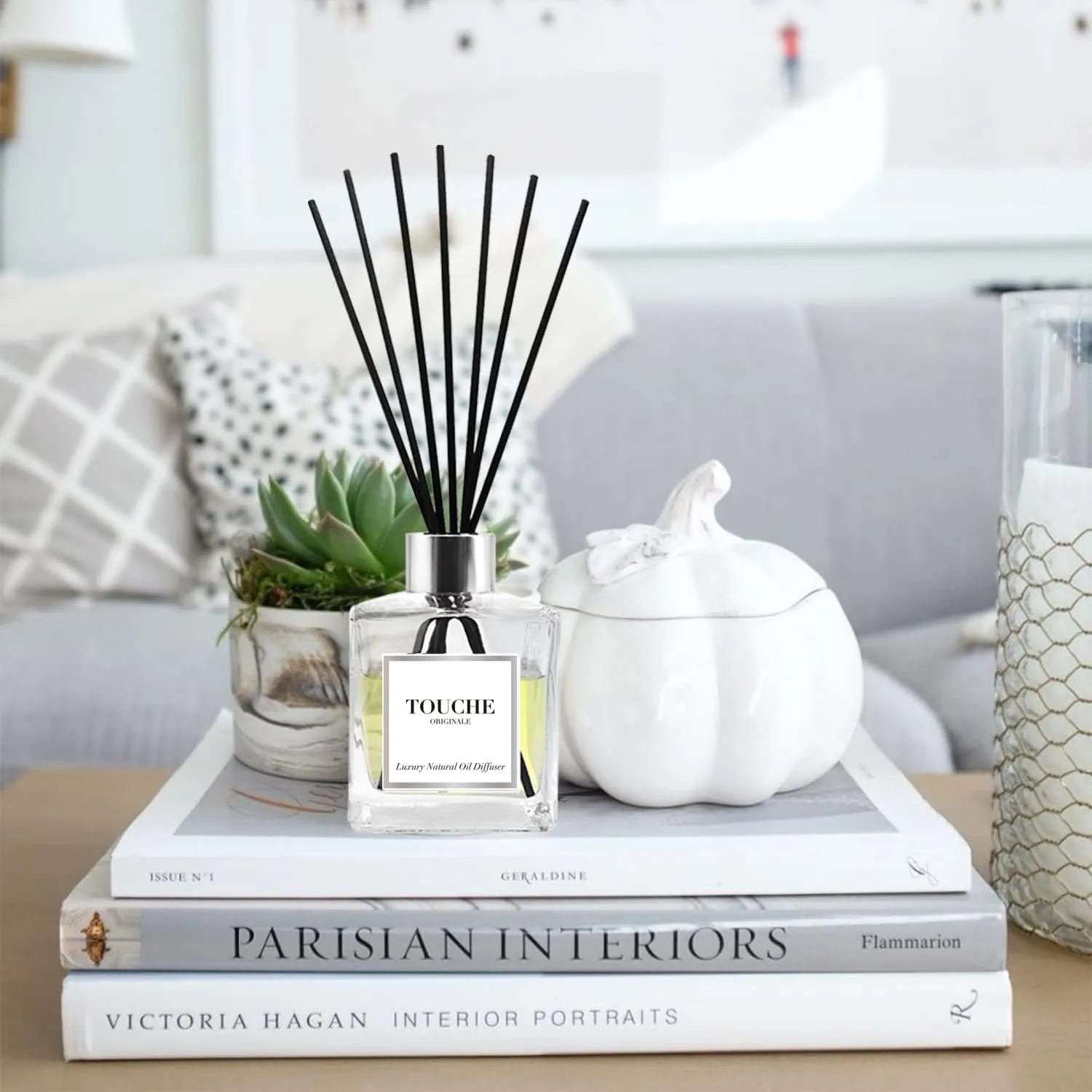 Touche Luxury Natural Reed Diffuser. Long Lasting Scented Home Fragrance. Natural Essential Oil Alcohol-Free. 4.75 OZ. Glass Bottle (Pink Champagne - Clear Bottle)