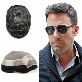 Toupee for Men Hair Replacement System Durable Fine Mono Base Mens Toupee French Lace Front Natural Hairline Men Hair Piece (7"X9" 120% density, #1B50 1B# OFF BLACK WITH 50% SYNTHETIC GREY)