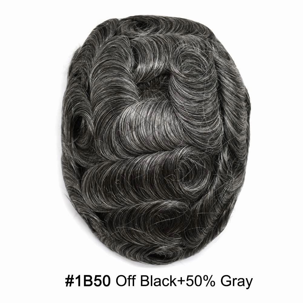 Toupee for Men Hair Replacement System Durable Fine Mono Base Mens Toupee French Lace Front Natural Hairline Men Hair Piece (7"X9" 120% density, #1B50 1B# OFF BLACK WITH 50% SYNTHETIC GREY)