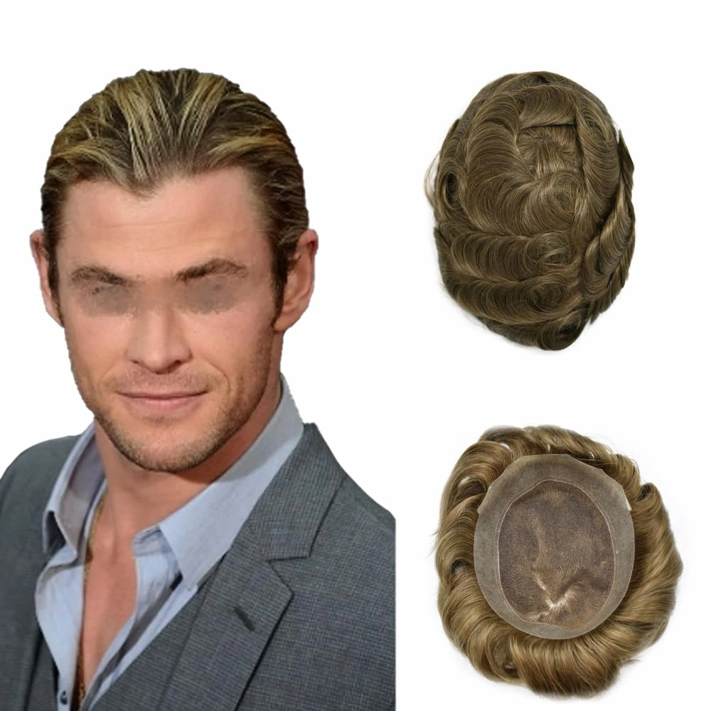 Toupee For Men Hair Replacement System Real Human Hair Piece For Men Swiss Lace Mens Toupee Hair System For Men 7x9 100% light to medium density#1720 17# DARK ASH BLONDE 20% GREY