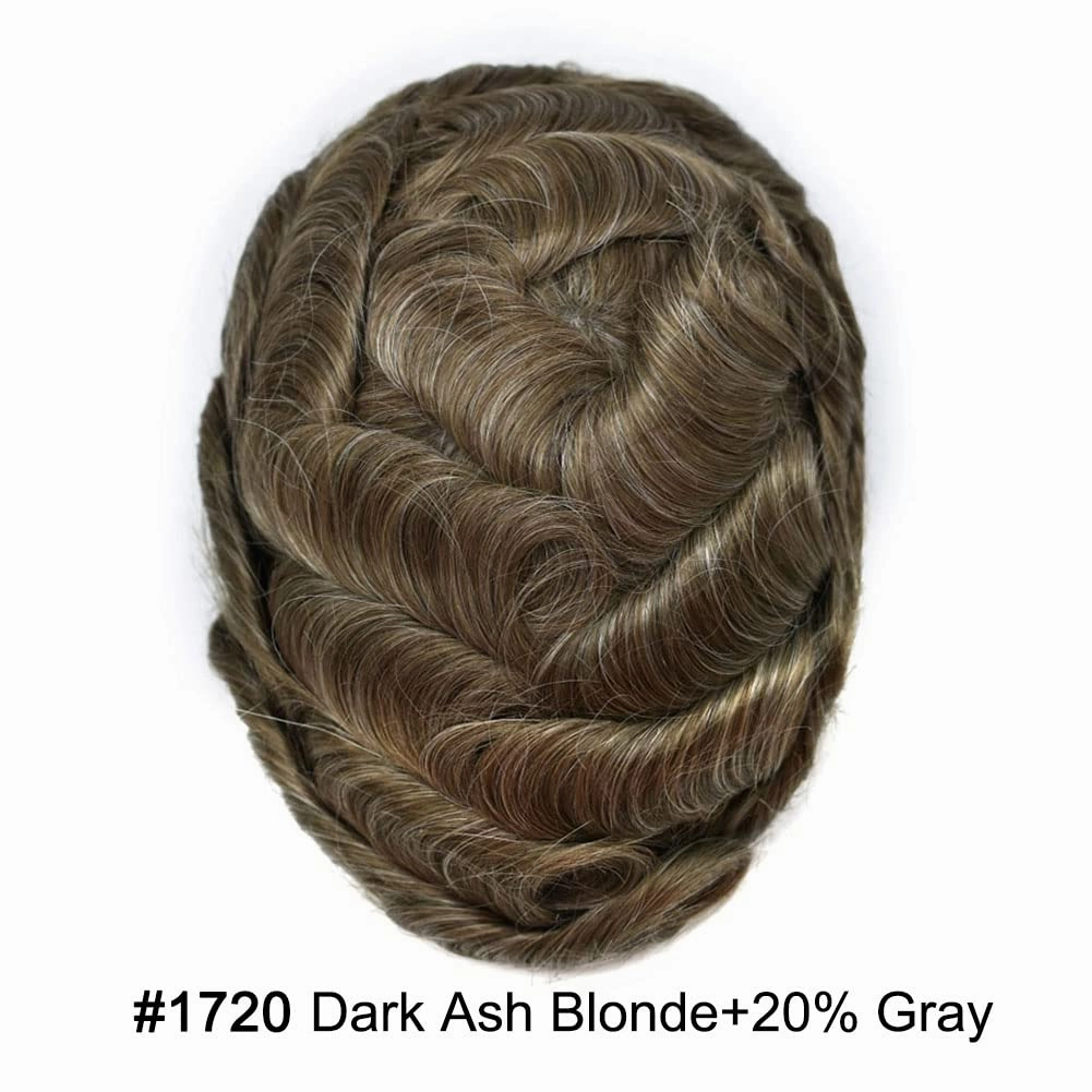 Toupee For Men Hair Replacement System Real Human Hair Piece For Men Swiss Lace Mens Toupee Hair System For Men 7x9 100% light to medium density#1720 17# DARK ASH BLONDE 20% GREY