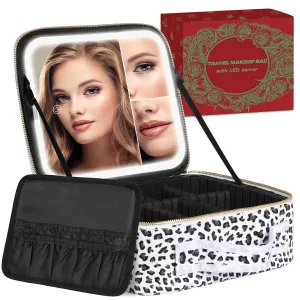 Travel Makeup Train Bag with Light Up Mirror, 2X3X Magnifying Mirror and Adjustable Partitions, 3 Color Lights Portable Storage Case for Cosmetics, Make-up Accessories (Leopard)