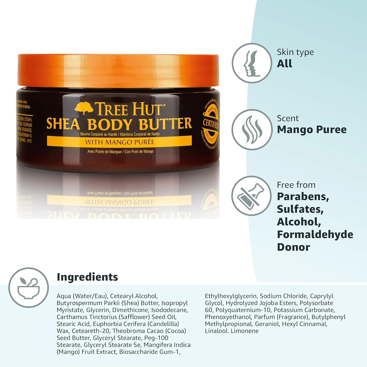 Tree Hut 24 Hour Intense Hydrating Shea Body Butter Tropical Mango, 7oz, Moisturizer with Pure Shea Butter for Nourishing Essential Body Care