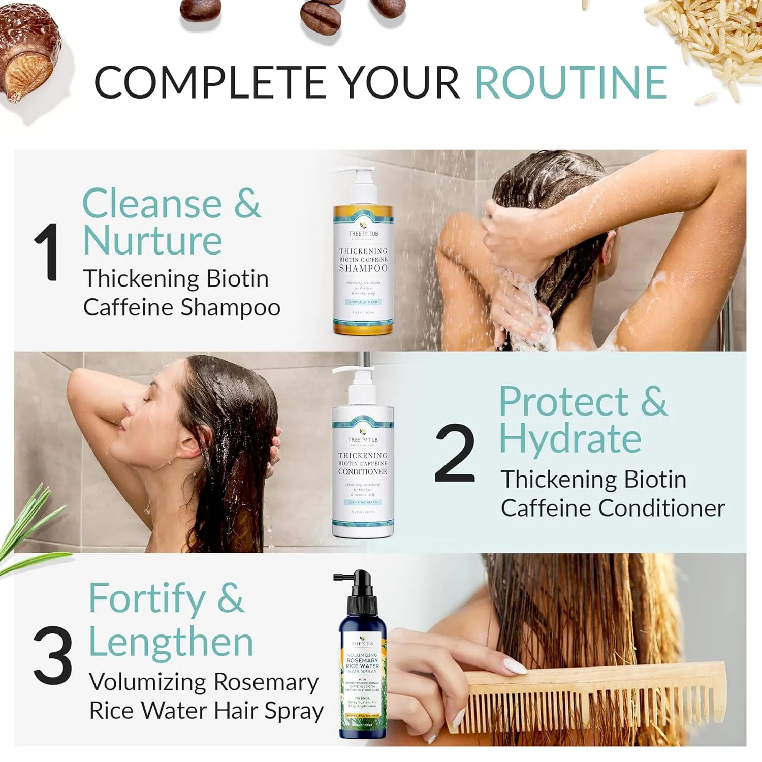 Tree to Tub Biotin Conditioner - Activating Caffeine for Fuller Hair, Thickening Conditioner for Women & Men for Dry Damaged Hair, Sulfate Free Conditioner w/Organic Argan Oil & Aloe, White