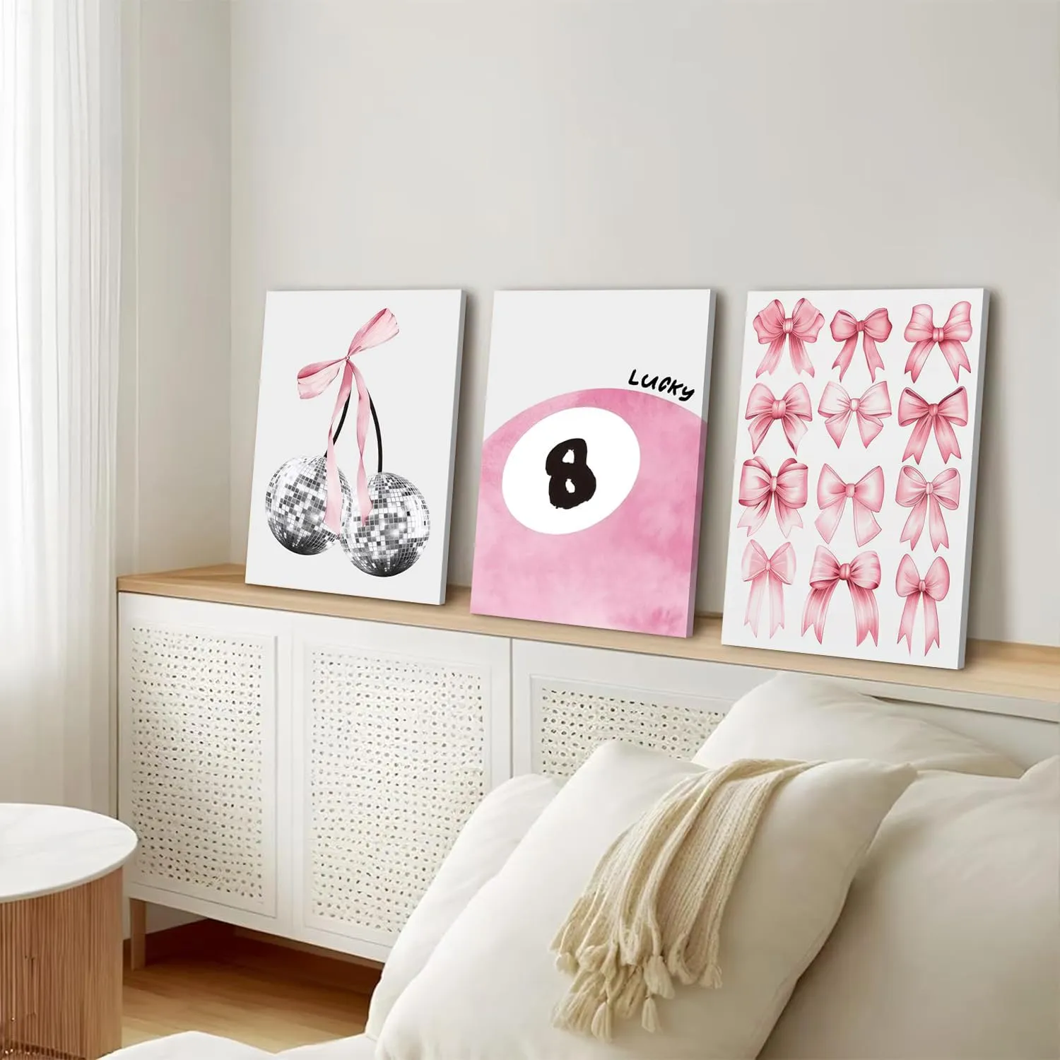 Trendy Pink Bows Wall Art Set of 3 Coquette Preppy Cherry Wall Decor Light Pink Cute Girly Lucky 8 Ball Canvas Poster Prints Aesthetic for College Dorm Living Room Bedroom Framed 12x16 Inch