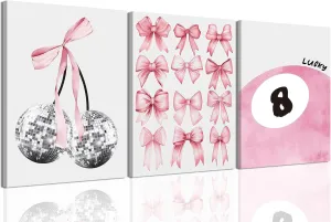 Trendy Pink Bows Wall Art Set of 3 Coquette Preppy Cherry Wall Decor Light Pink Cute Girly Lucky 8 Ball Canvas Poster Prints Aesthetic for College Dorm Living Room Bedroom Framed 12x16 Inch