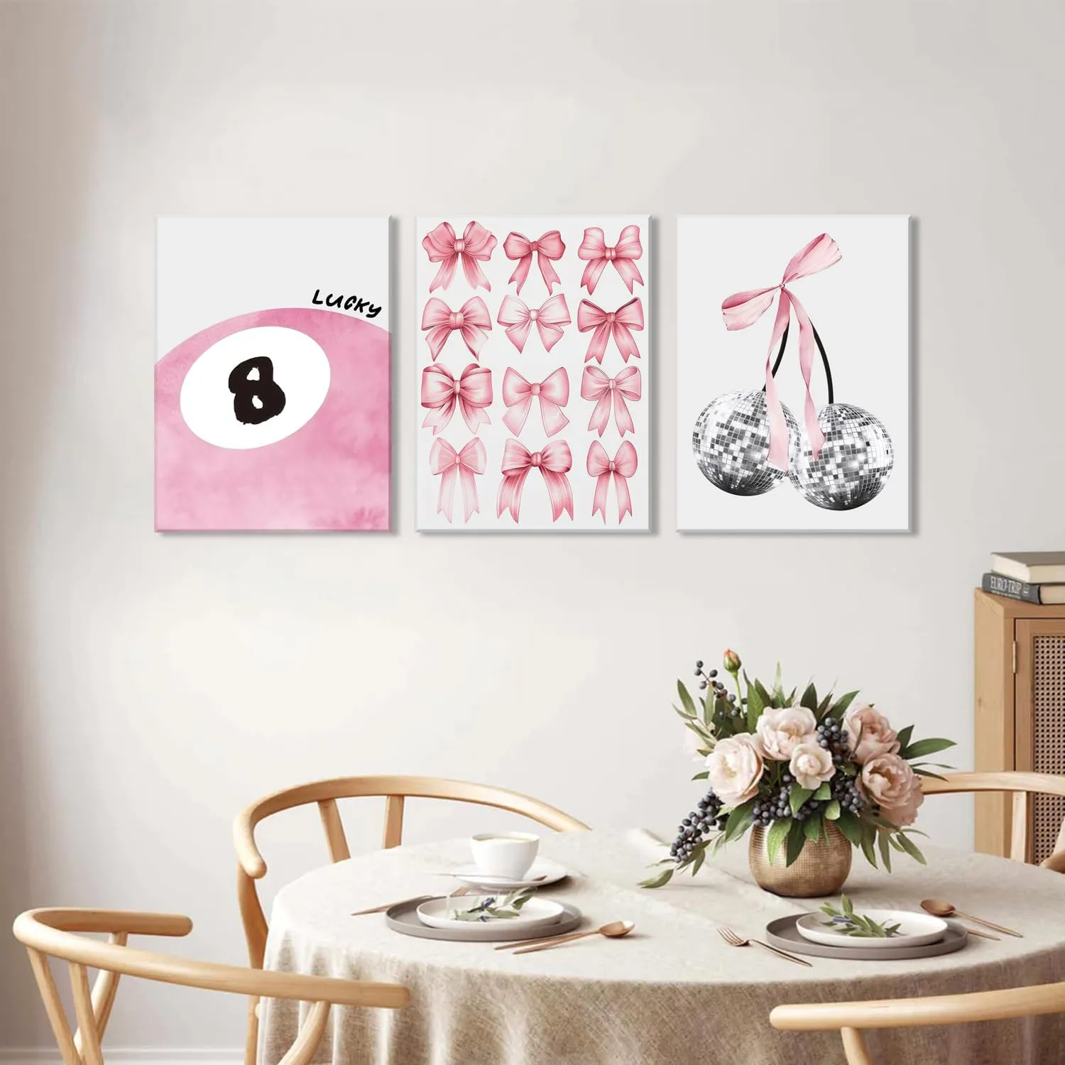 Trendy Pink Bows Wall Art Set of 3 Coquette Preppy Cherry Wall Decor Light Pink Cute Girly Lucky 8 Ball Canvas Poster Prints Aesthetic for College Dorm Living Room Bedroom Framed 12x16 Inch