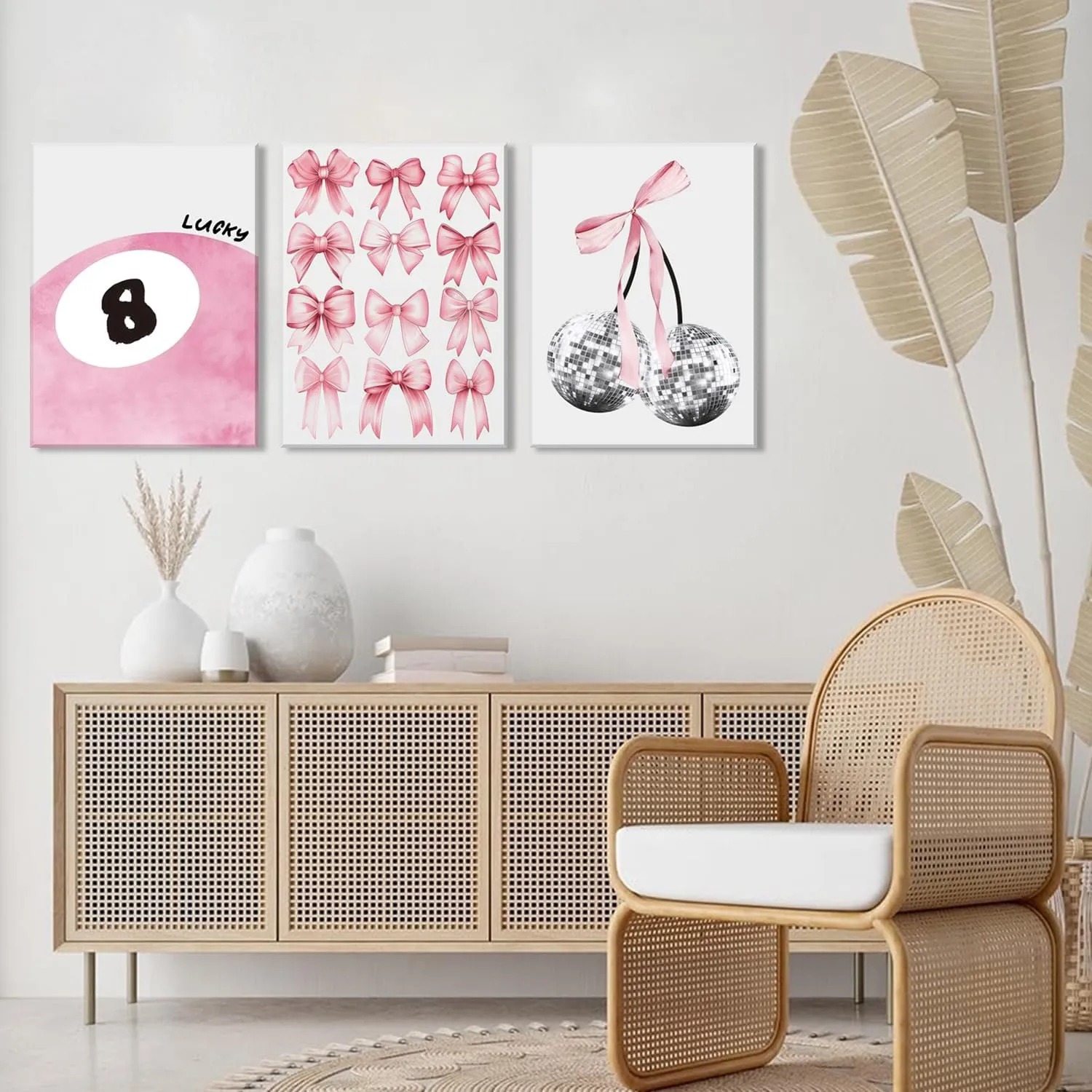 Trendy Pink Bows Wall Art Set of 3 Coquette Preppy Cherry Wall Decor Light Pink Cute Girly Lucky 8 Ball Canvas Poster Prints Aesthetic for College Dorm Living Room Bedroom Framed 12x16 Inch