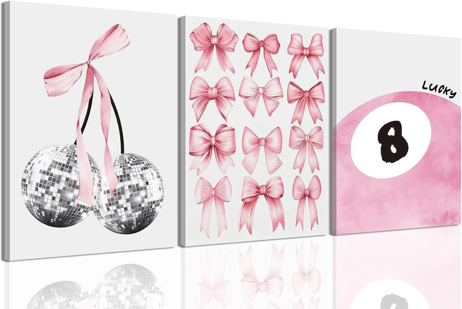 Trendy Pink Bows Wall Art Set of 3 Coquette Preppy Cherry Wall Decor Light Pink Cute Girly Lucky 8 Ball Canvas Poster Prints Aesthetic for College Dorm Living Room Bedroom Framed 12x16 Inch