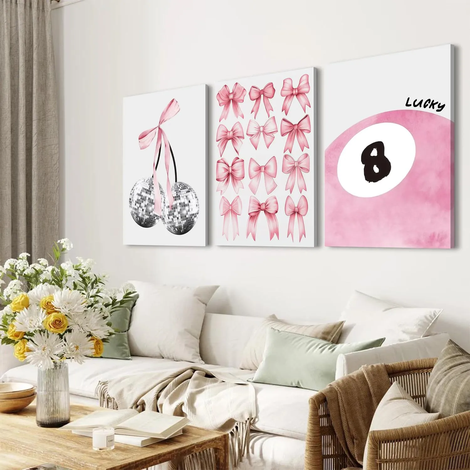 Trendy Pink Bows Wall Art Set of 3 Coquette Preppy Cherry Wall Decor Light Pink Cute Girly Lucky 8 Ball Canvas Poster Prints Aesthetic for College Dorm Living Room Bedroom Framed 12x16 Inch