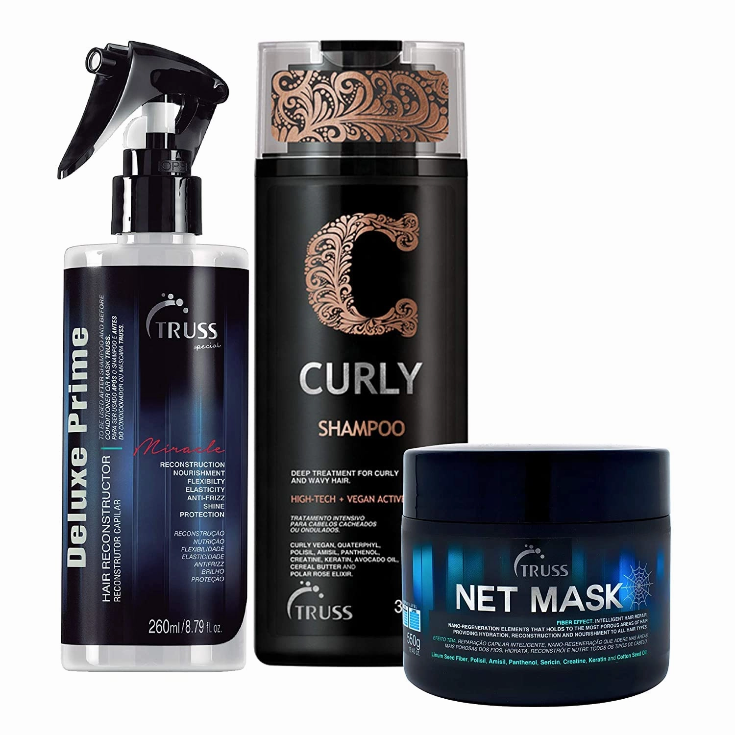 TRUSS Curly Shampoo Bundle with Deluxe Prime Hair Treatment and Net Mask