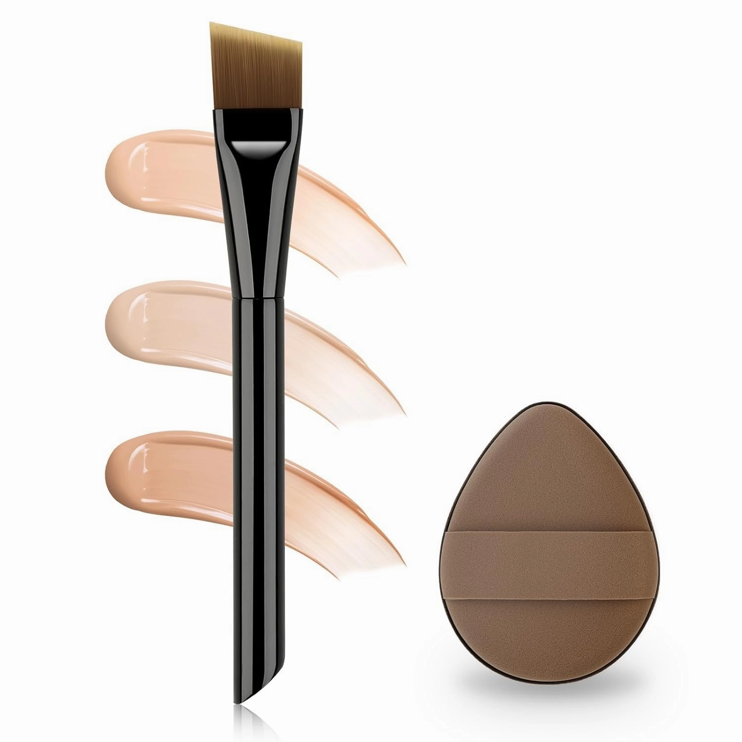 Ultra-thin Blade Foundation Brush for Liquid Makeup, 0.1mm Peak Soft Bristles for Precision Seamless Application, Professional Angled Foundation Brush with Power Puff for Cream or Liquid Foundations