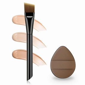 Ultra-thin Blade Foundation Brush for Liquid Makeup, 0.1mm Peak Soft Bristles for Precision Seamless Application, Professional Angled Foundation Brush with Power Puff for Cream or Liquid Foundations