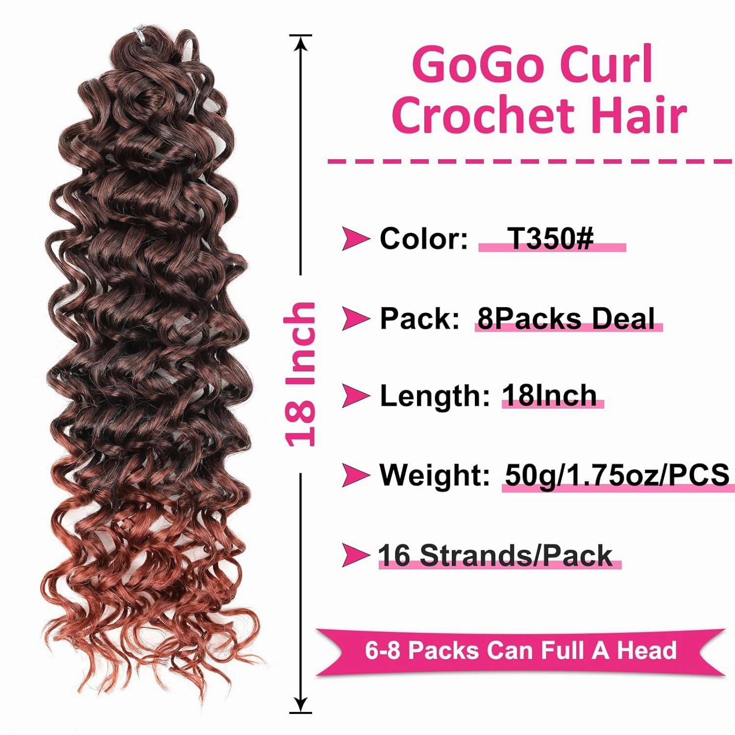 Unionbeauty 8 Pack GoGo Curl Beach Curl Deep Twist Curly Crochet Hair - Ocean Wave 18 Inch Synthetic Hair Extension with Ombre Ginger Color for Black Women - T350#