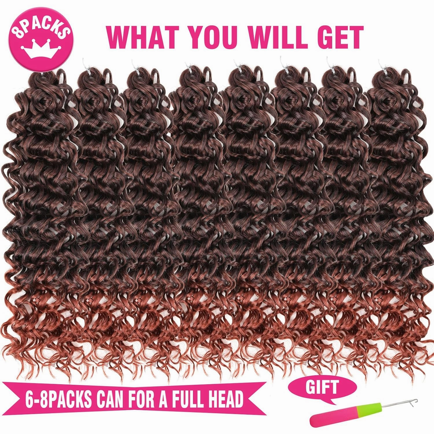 Unionbeauty 8 Pack GoGo Curl Beach Curl Deep Twist Curly Crochet Hair - Ocean Wave 18 Inch Synthetic Hair Extension with Ombre Ginger Color for Black Women - T350#