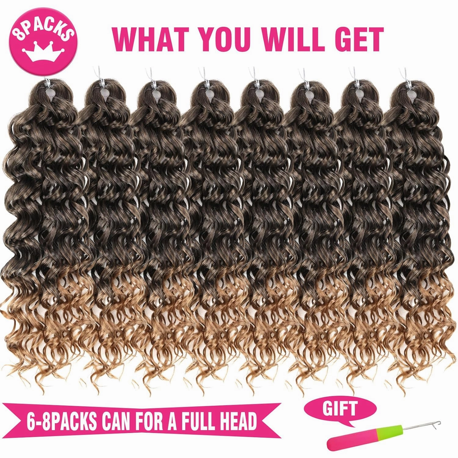 Unionbeauty 8 Pack GoGo Curl Crochet Hair - 18 Inch Water Wave Synthetic Curly Braiding Hair Extension for Black Women - Beach Curl, Deep Twist, Bohemian Crochet Braids