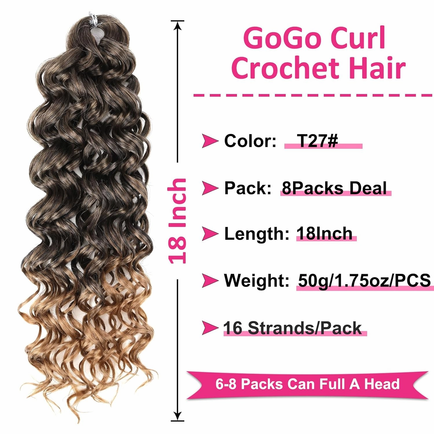 Unionbeauty 8 Pack GoGo Curl Crochet Hair - 18 Inch Water Wave Synthetic Curly Braiding Hair Extension for Black Women - Beach Curl, Deep Twist, Bohemian Crochet Braids