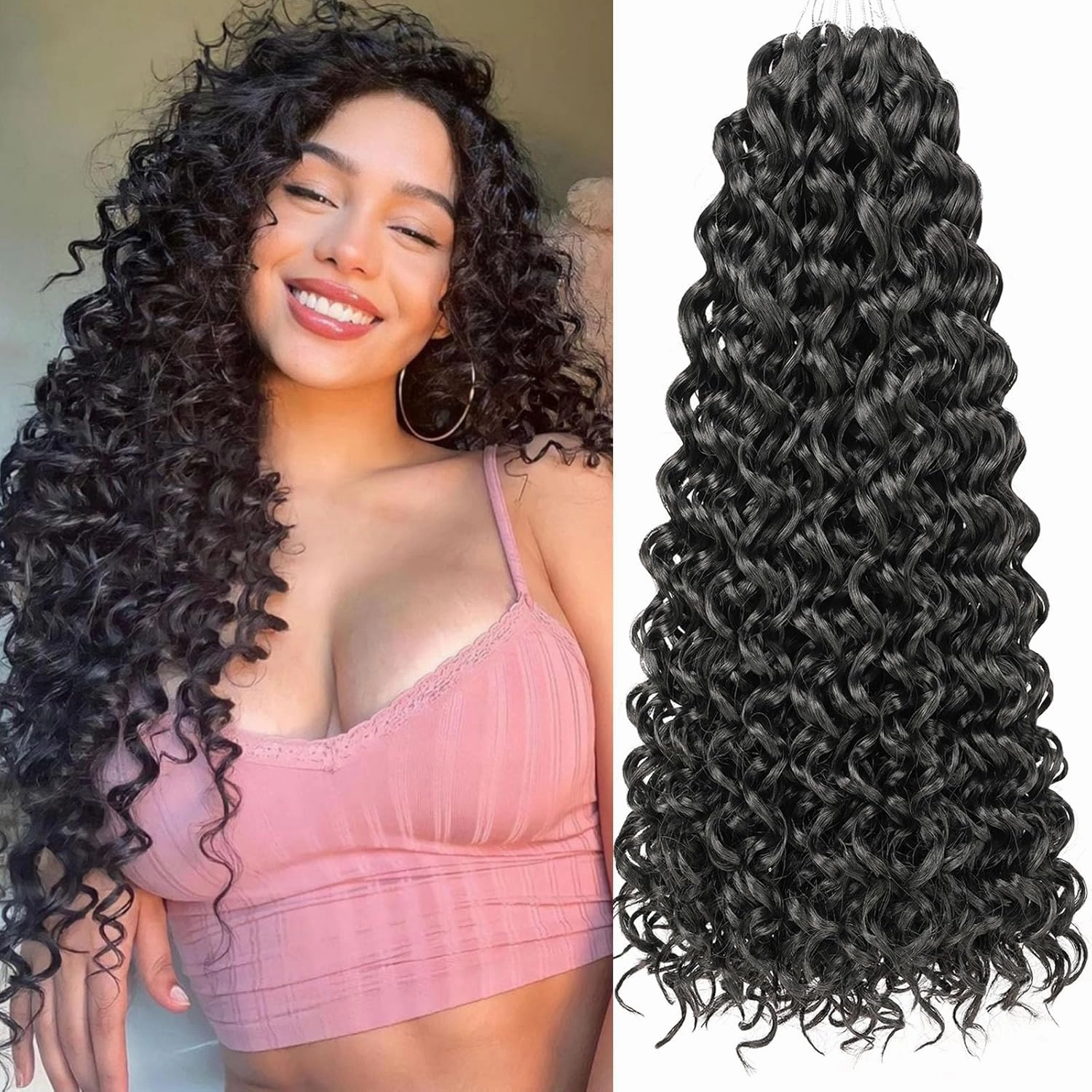 Unionbeauty 8 Pack GoGo Curl Water Wave Crochet Hair - 18 Inch Beach Curl Deep Wave Synthetic Curly Braiding Hair Extension 1B#