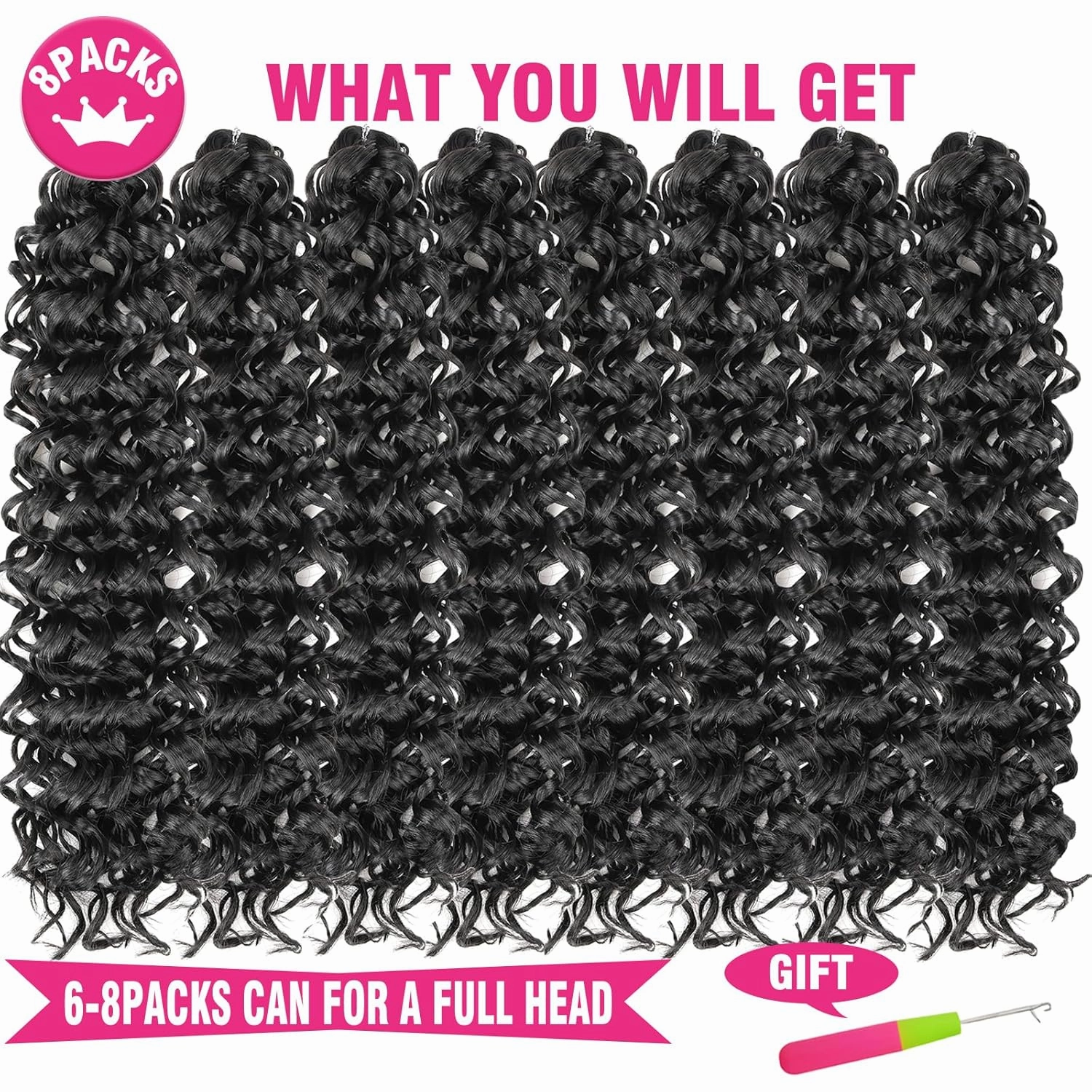 Unionbeauty 8 Pack GoGo Curl Water Wave Crochet Hair - 18 Inch Beach Curl Deep Wave Synthetic Curly Braiding Hair Extension 1B#