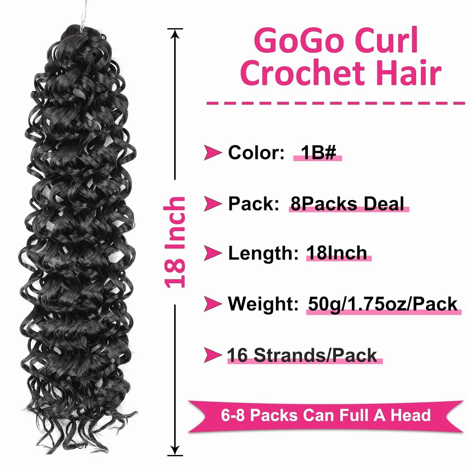 Unionbeauty 8 Pack GoGo Curl Water Wave Crochet Hair - 18 Inch Beach Curl Deep Wave Synthetic Curly Braiding Hair Extension 1B#