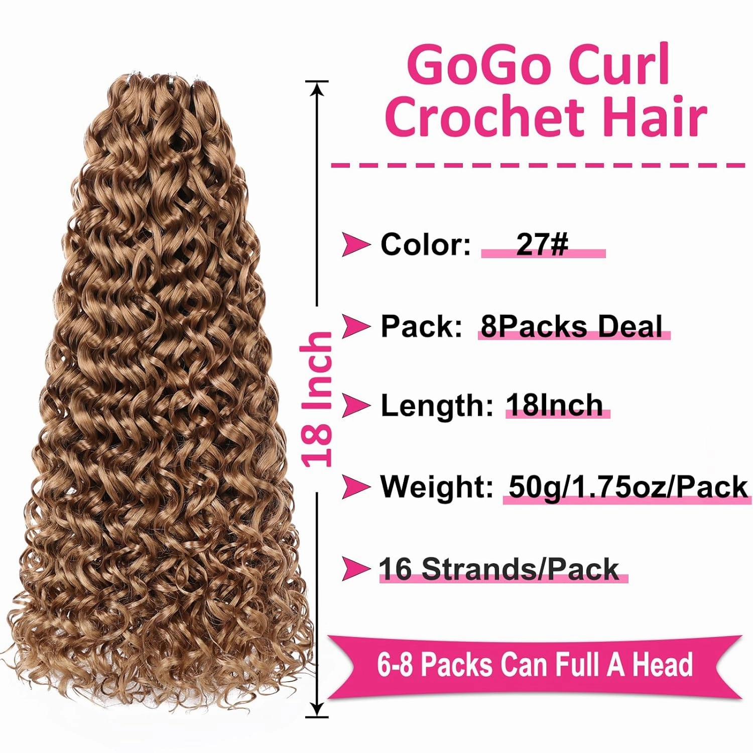 Unionbeauty GoGo Curl Crochet Hair 18 Inch Ocean Wave 8 Packs Water Wave Bohemian Beach Curl Braids Synthetic Curly Braiding Hair for Woman 27#