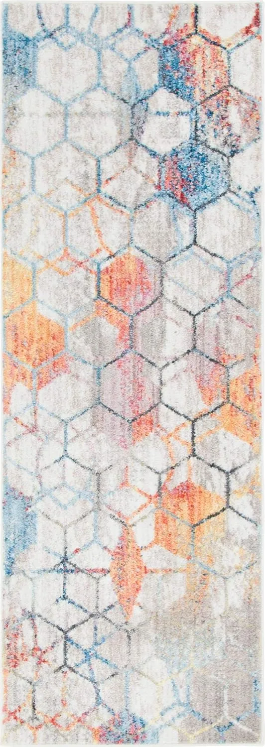 Unique Loom Rainbow Collection Geometric Abstract Trellis Modern Watercolor White Runner Rug (2' 0 x 6' 0)