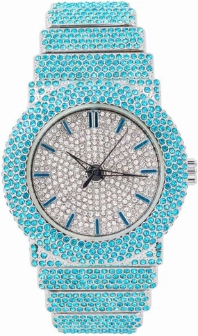 Unisex Full Iced Bling Out Luxury Fashion Lab Diamond CZ Round Quartz Movement White Gold Plated Celebrity Party Pink Watch - Gift Box