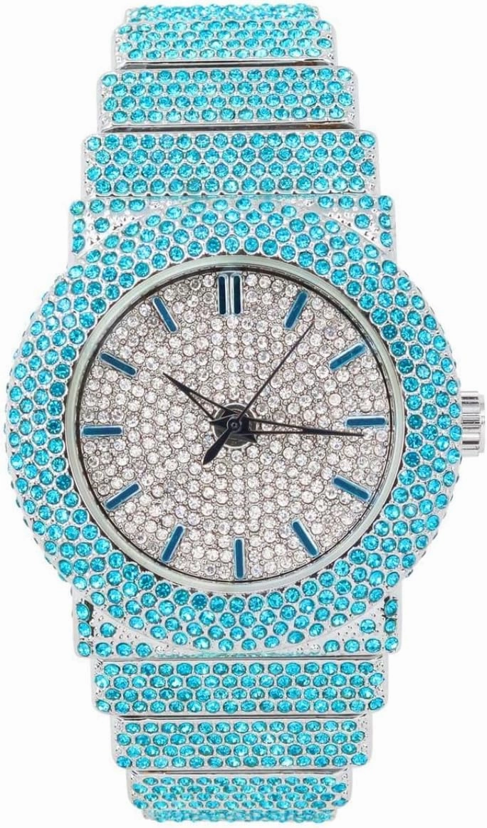 Unisex Full Iced Bling Out Luxury Fashion Lab Diamond CZ Round Quartz Movement White Gold Plated Celebrity Party Pink Watch - Gift Box
