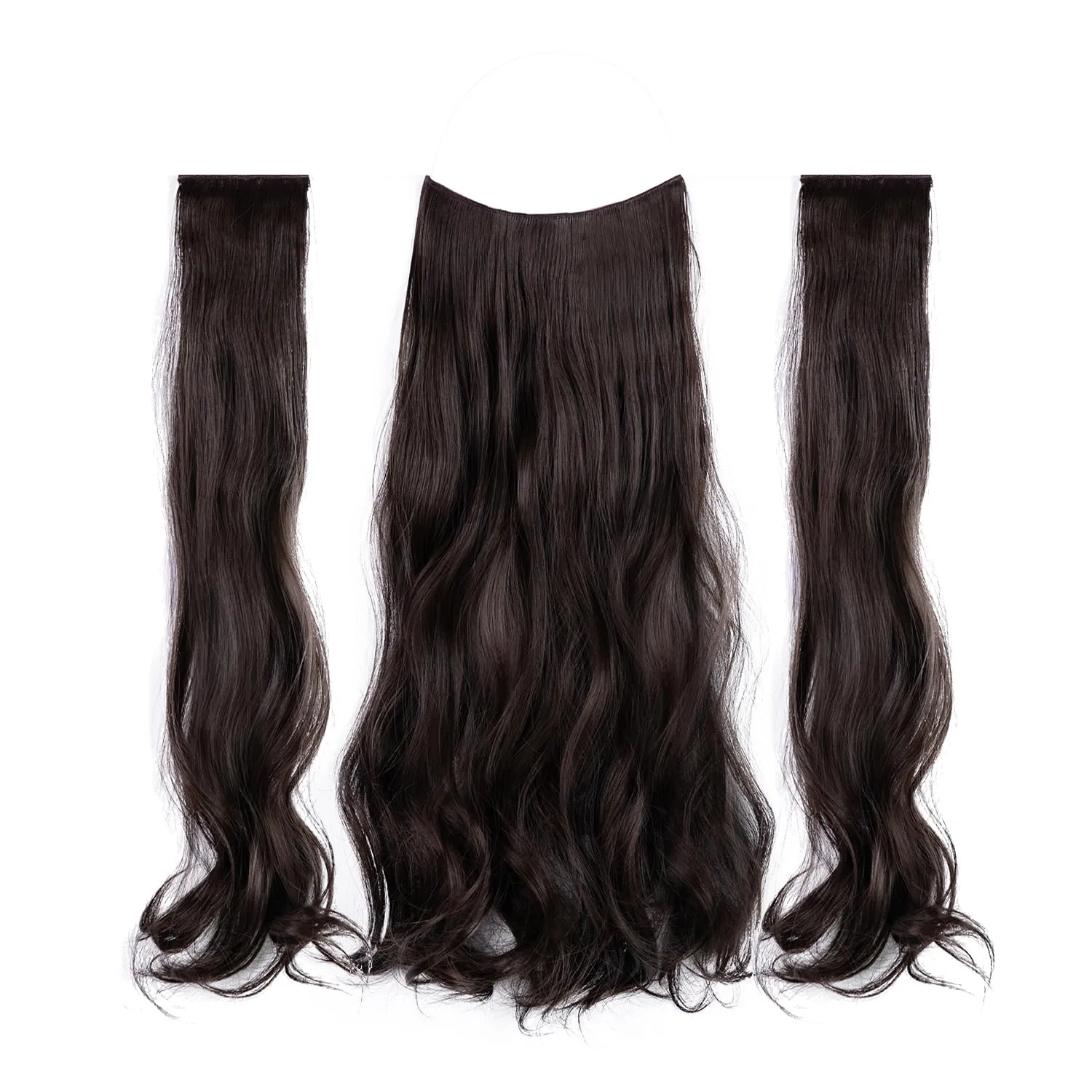 Upgrade Invisible Halo Hair Extensions with 3 PCS Set Headband Adjustable Long Wavy Secret Dark Brown Hair Extensions for Women