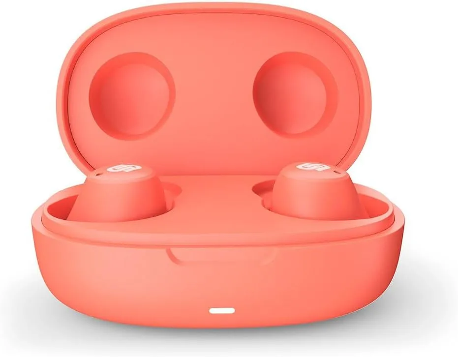 Urbanista Wireless Earbuds, Bluetooth 5.2 Enhanced Small Headphones, Touch Controls, 27 Hr Playtime, USB C Fast Charging Case, IPX Sweatproof Headphones for Running, Sports, Lisbon, Coral Peach