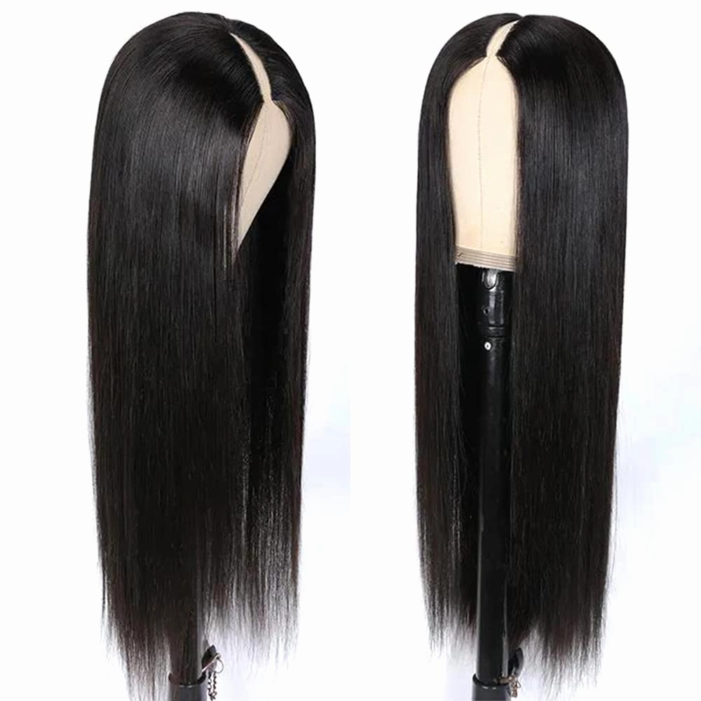V Part Wigs Human Hair Straight Brazilian Human Hair Wigs for Black Women Upgrade U Part Wigs No Leave Out No Sew in NO Glue 180% Density Natural Color (20inch, V Part Straight Wig)