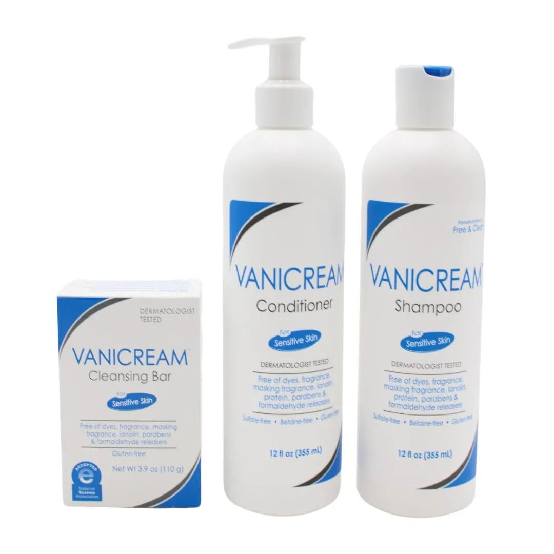 Vanicream Bundle Kit includes Vanicream Cleansing Bar (3.9 oz), Vanicream Shampoo (12 fl oz), and Vanicream Conditioner (12 fl oz)—a complete gentle skincare and haircare solution for sensitive skin.