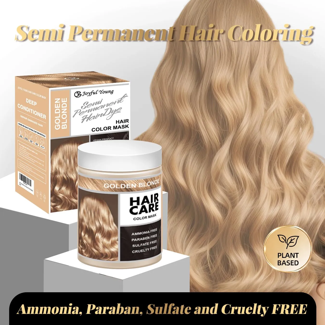 Vegan Semi-Permanent Hair Color Mask – Ammonia-Free, Paraben & Sulfate-Free Hair Dye & Depositing Conditioner, Plant-Based Formula, Long-Lasting Color in Minutes, 300ml (GOLDEN BLONDE)