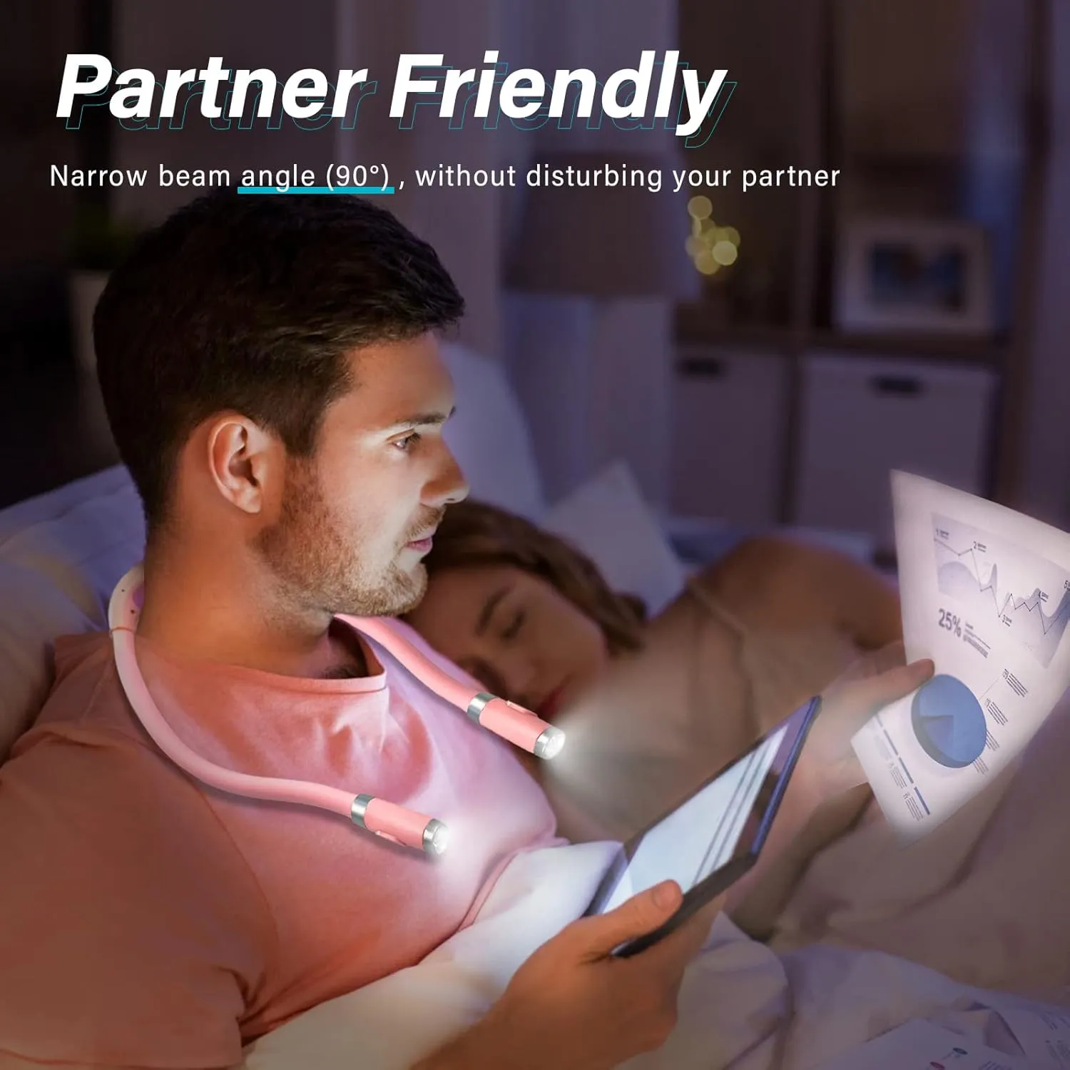 Vekkia Rechargeable LED Neck Reading Light, Book Lights for Reading in Bed, 3 Brightness Levels, Flexible Soft Silicone Arms Comfortable Wear, Long Lasting, Perfect for Craft & Knitting, Pink