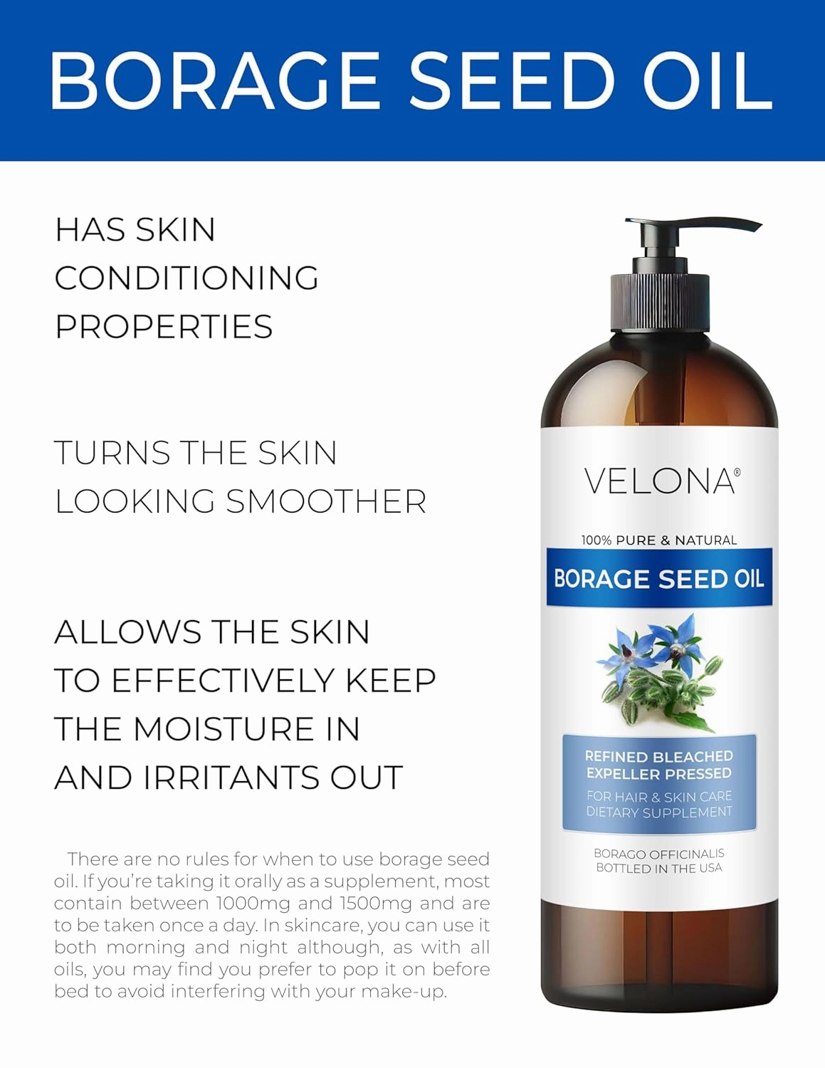 velona Borage Seed Oil 16 Fl Oz | 100% Pure and Natural Carrier Oil | Refined, Expeller pressed | Skin, Face, Body, Hair Care | Use Today - Enjoy Results