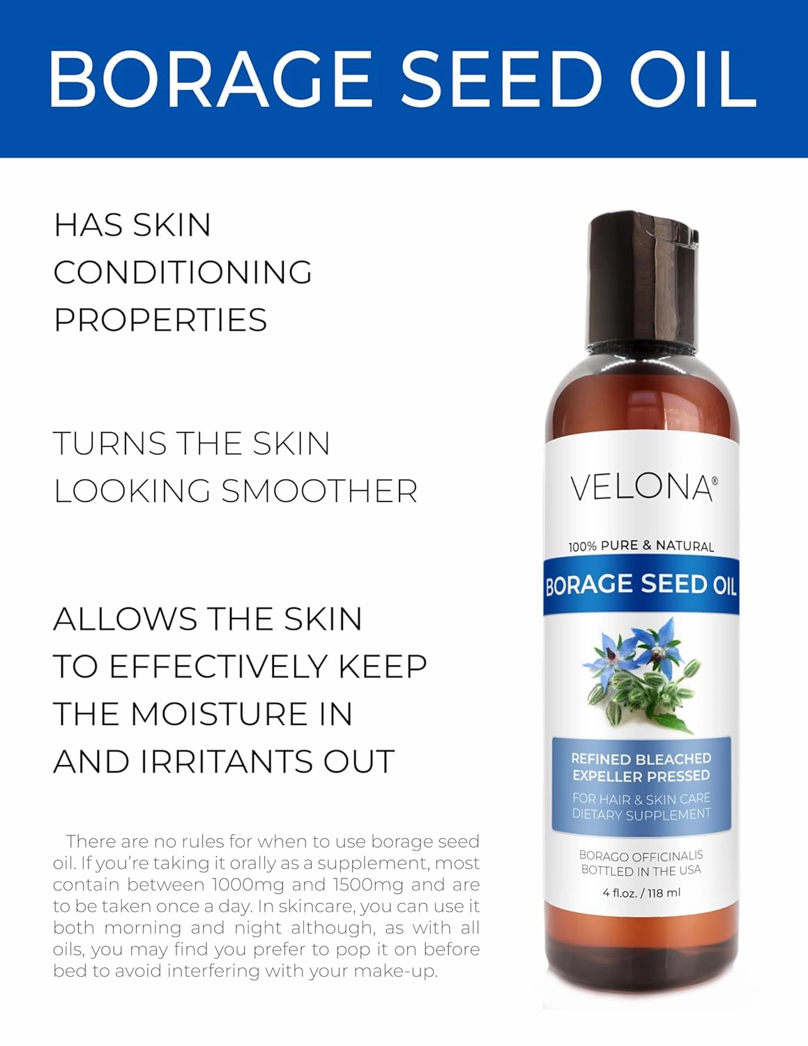 velona Borage Seed Oil 4 Fl Oz | 100% Pure and Natural Carrier Oil | Refined, Expeller pressed | Skin, Face, Body, Hair Care | Use Today - Enjoy Results