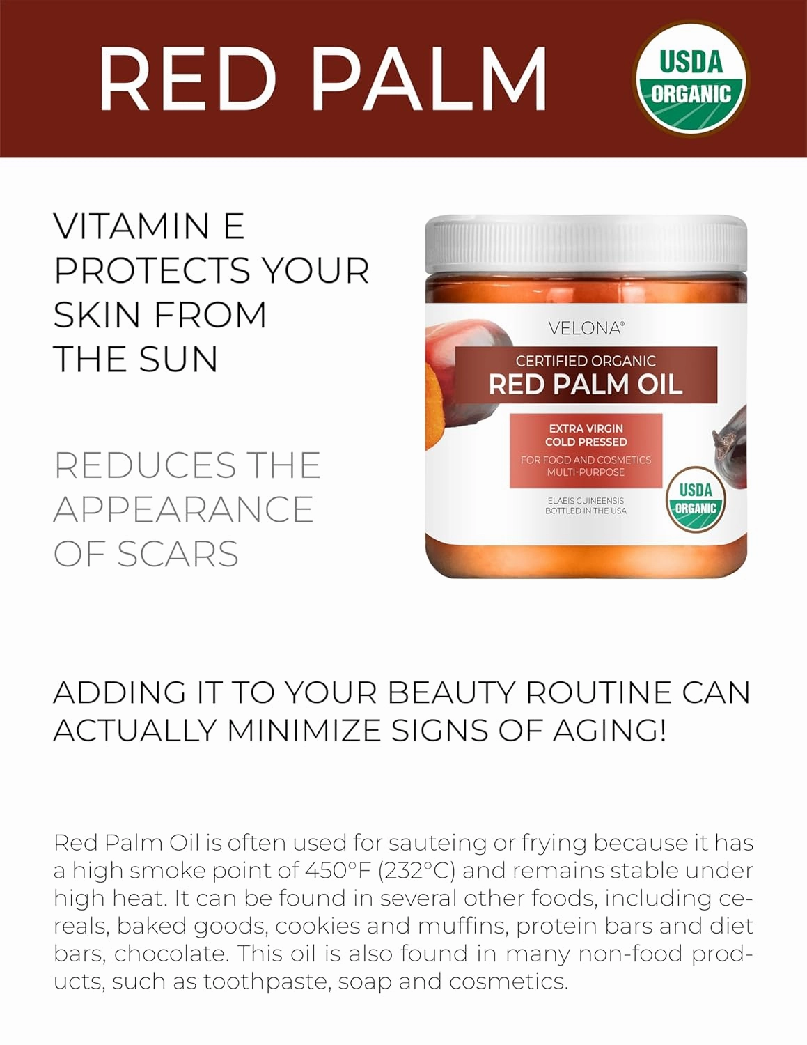 velona USDA Certified Organic Red Palm Oil 16 Fl Oz | Food and Cosmetic Grade | in jar | Extra Virgin, Cold Pressed | Skin, Face, Body, Hair Care | Use Today - Enjoy Results
