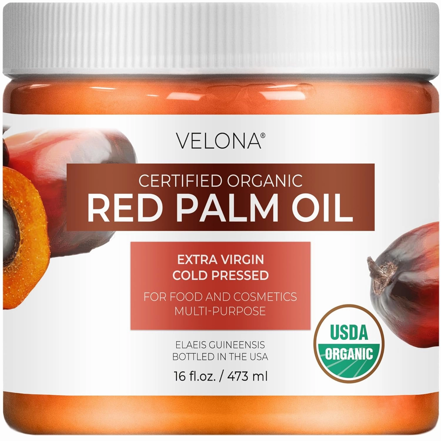 velona USDA Certified Organic Red Palm Oil 16 Fl Oz | Food and Cosmetic Grade | in jar | Extra Virgin, Cold Pressed | Skin, Face, Body, Hair Care | Use Today - Enjoy Results