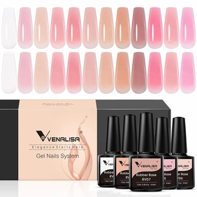 VENALISA 3 in 1 Rubber Base Gel For Nails, 12 Colors Jelly Gel Nail Polish Set Nude Pink Neutral Transparent Milky White Sheer Pink Gel Polish Strengthener Kit