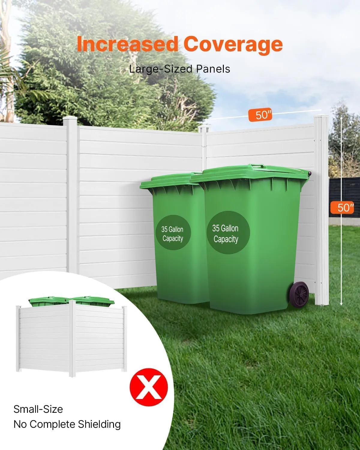 VEVOR Outdoor Privacy Screen, 50in H x 50in W Air Conditioner Fence, 3-Panel Pool Equipment Enclosure, Horizontal PVC Privacy Fence with 27.5 in Ground Stakes, No Dig Trash Can Fence for A/C Units