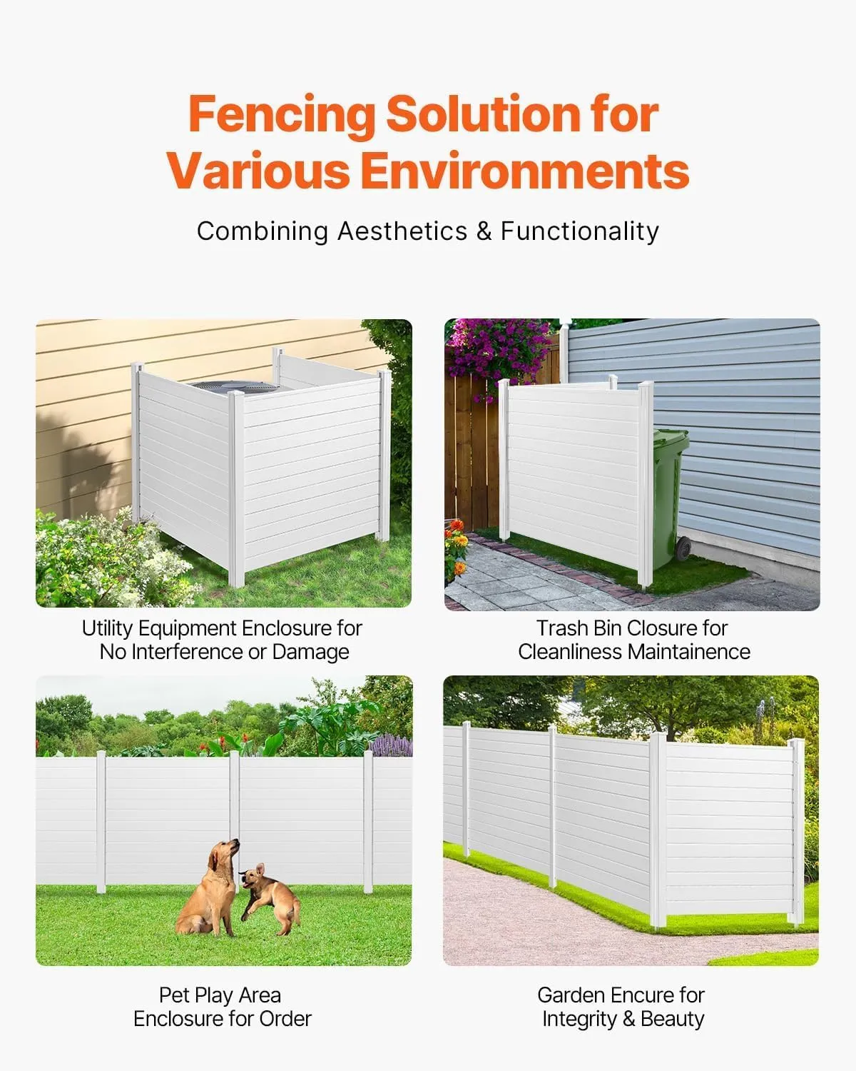 VEVOR Outdoor Privacy Screen, 50in H x 50in W Air Conditioner Fence, 3-Panel Pool Equipment Enclosure, Horizontal PVC Privacy Fence with 27.5 in Ground Stakes, No Dig Trash Can Fence for A/C Units