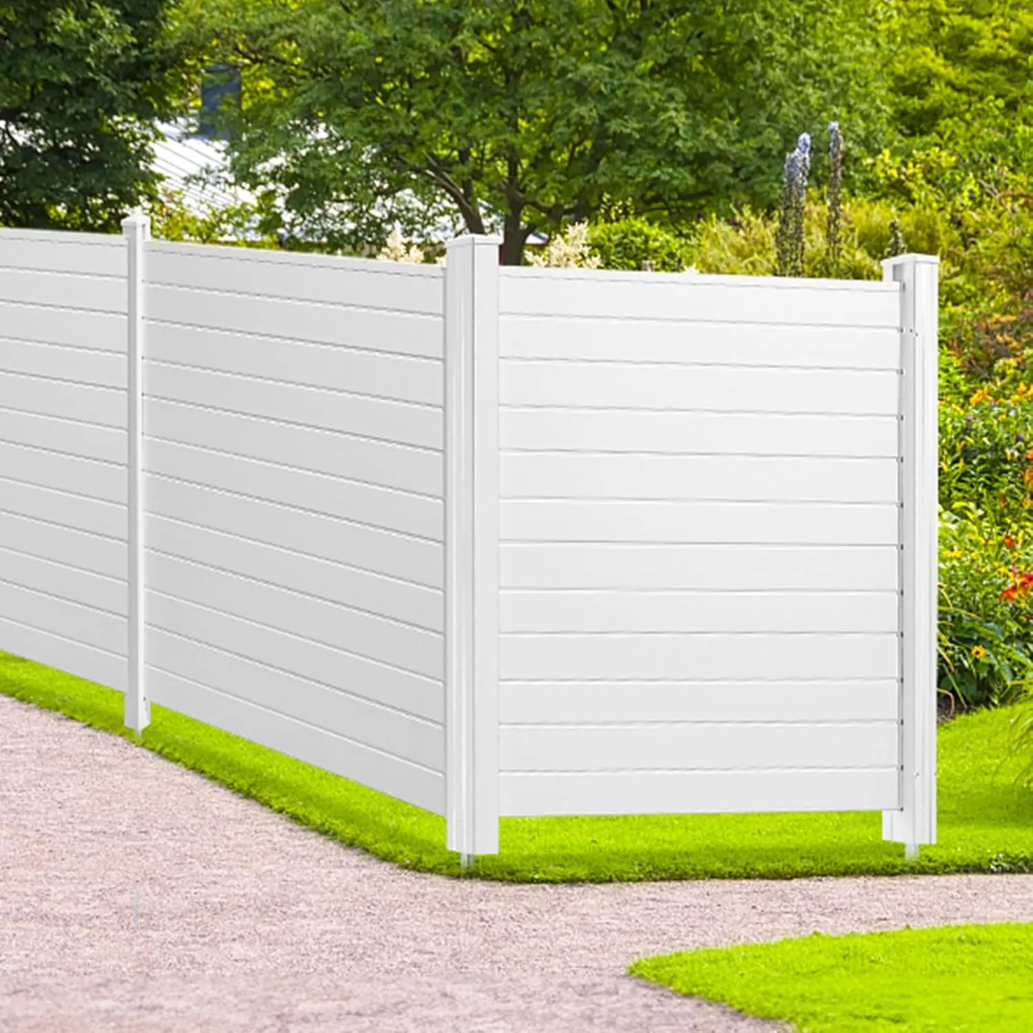 VEVOR Outdoor Privacy Screen, 50in H x 50in W Air Conditioner Fence, 3-Panel Pool Equipment Enclosure, Horizontal PVC Privacy Fence with 27.5 in Ground Stakes, No Dig Trash Can Fence for A/C Units