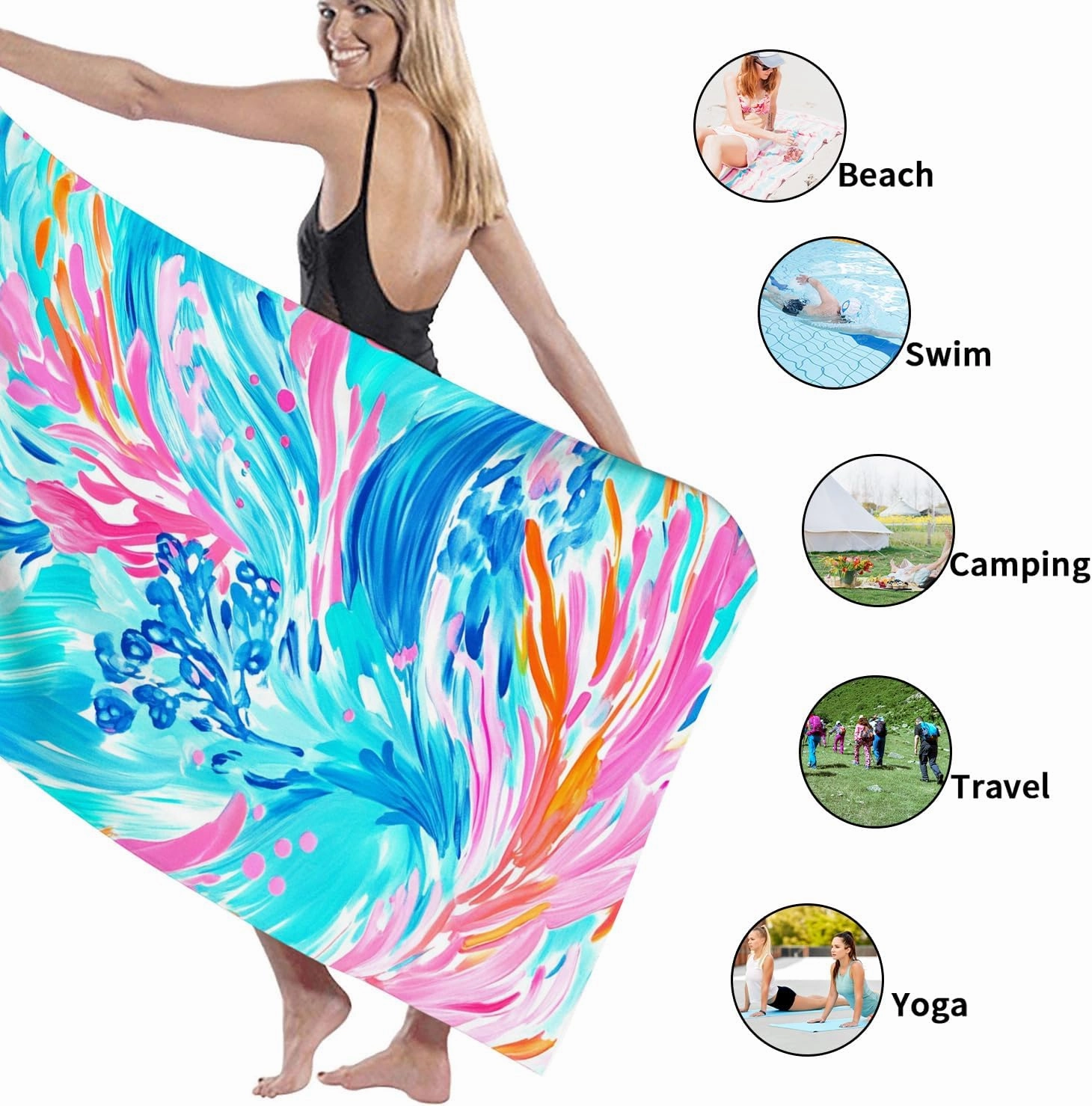 Vibrant Abstract Beach Towel Blue Peach Waves Microfiber Sand Free Lightweight Quick Dry [Absorbent] Oversized Pool Picnic Essentials 62x31 Inch