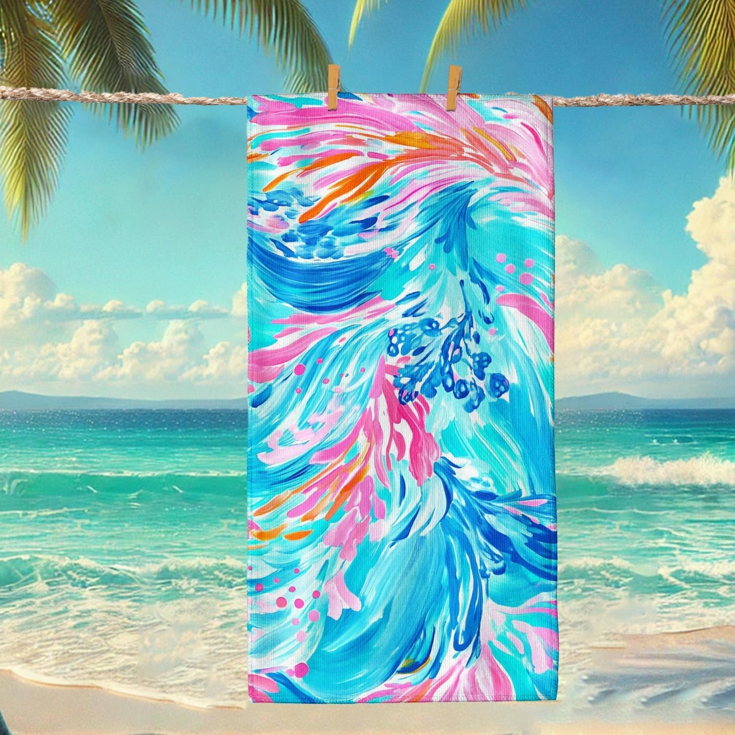 Vibrant Abstract Beach Towel Blue Peach Waves Microfiber Sand Free Lightweight Quick Dry [Absorbent] Oversized Pool Picnic Essentials 62x31 Inch