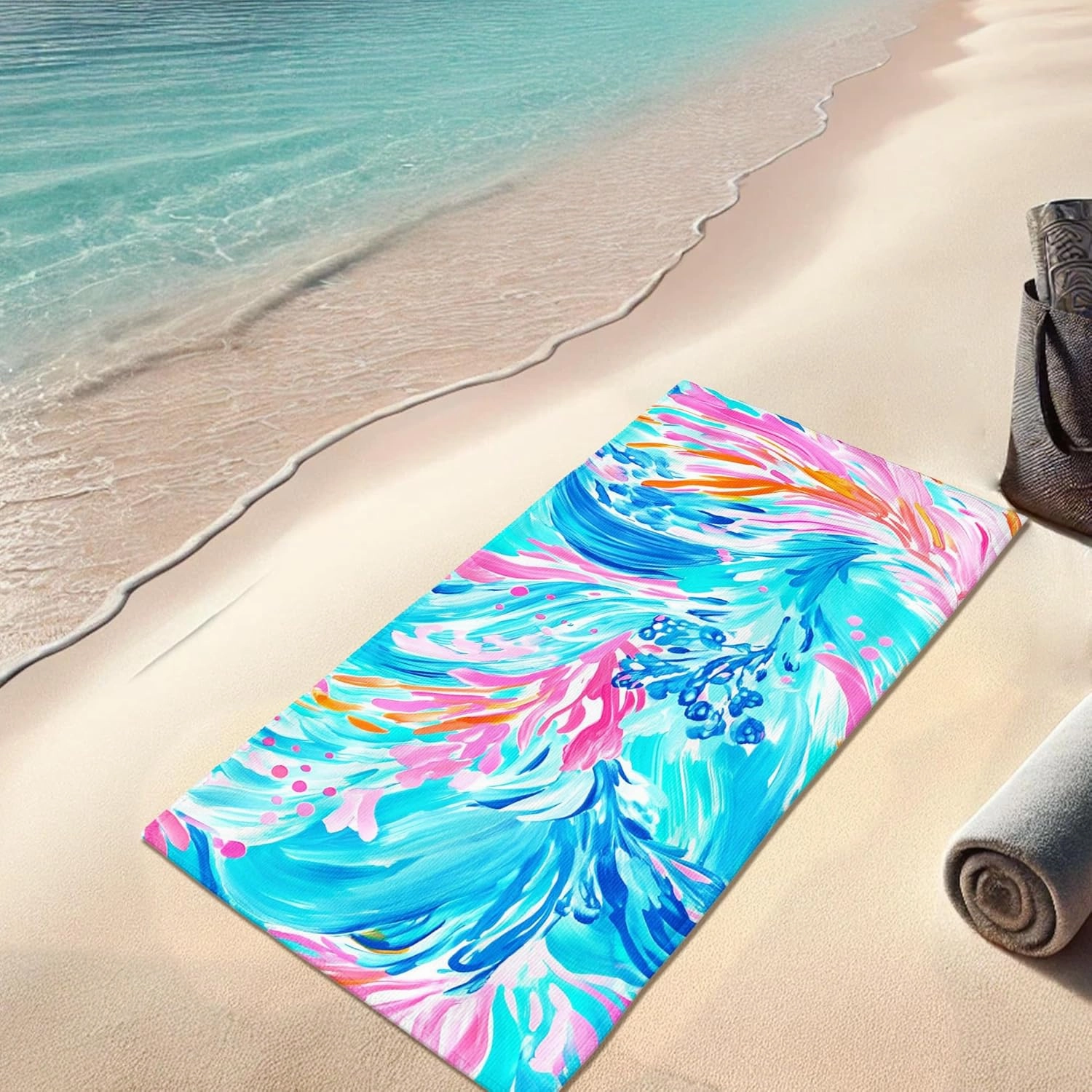Vibrant Abstract Beach Towel Blue Peach Waves Microfiber Sand Free Lightweight Quick Dry [Absorbent] Oversized Pool Picnic Essentials 62x31 Inch