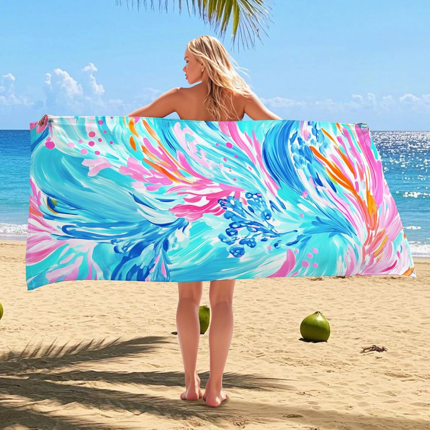 Vibrant Abstract Beach Towel Blue Peach Waves Microfiber Sand Free Lightweight Quick Dry [Absorbent] Oversized Pool Picnic Essentials 62x31 Inch