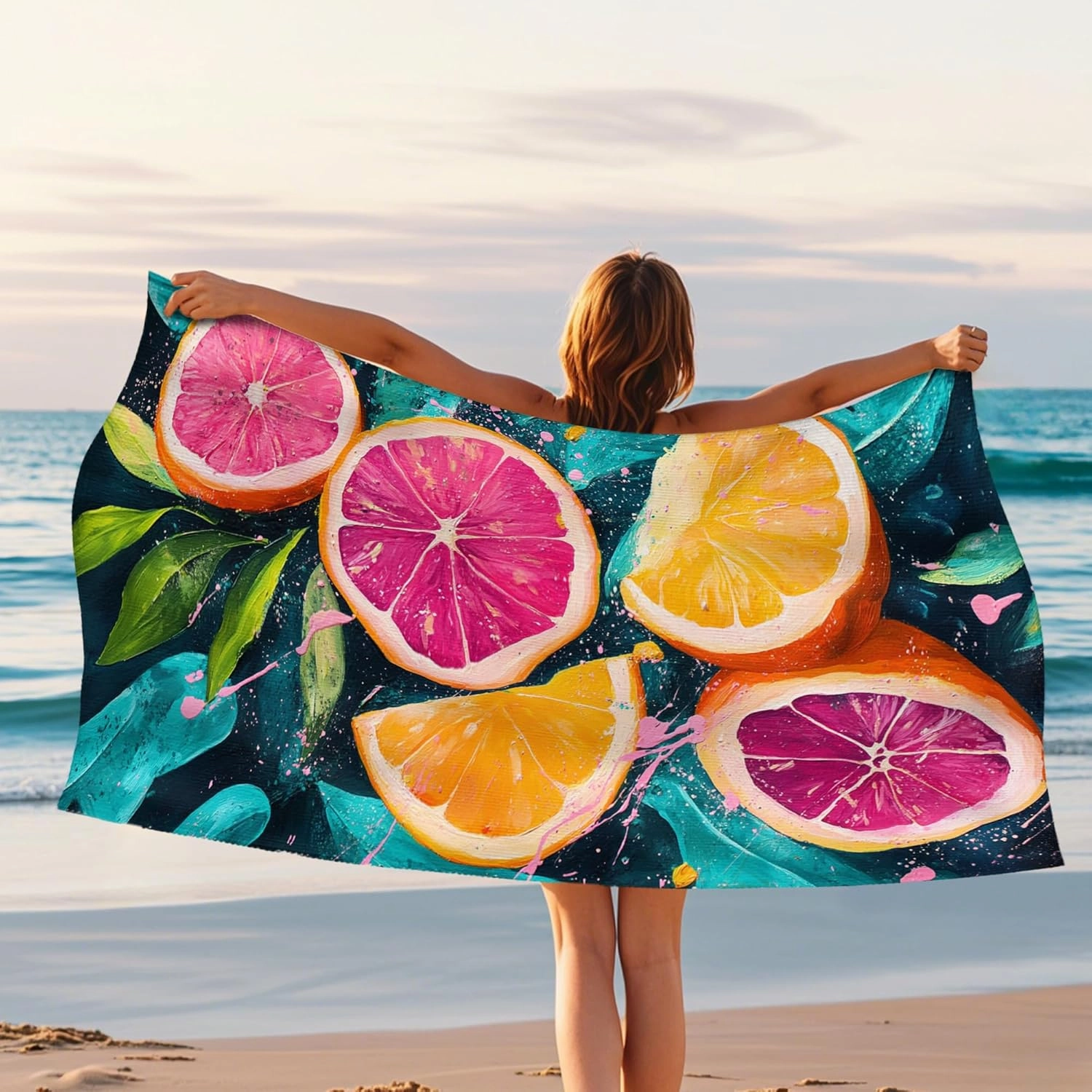 Vibrant Citrus Fruit Beach Towel Colorful Lemon and Peach Grapefruit Design Quick Dry Microfiber Sand Free Absorbent, Lightweight Soft Essentials for Picnic Travel Pool Gym Outdoor 62x31 Inch